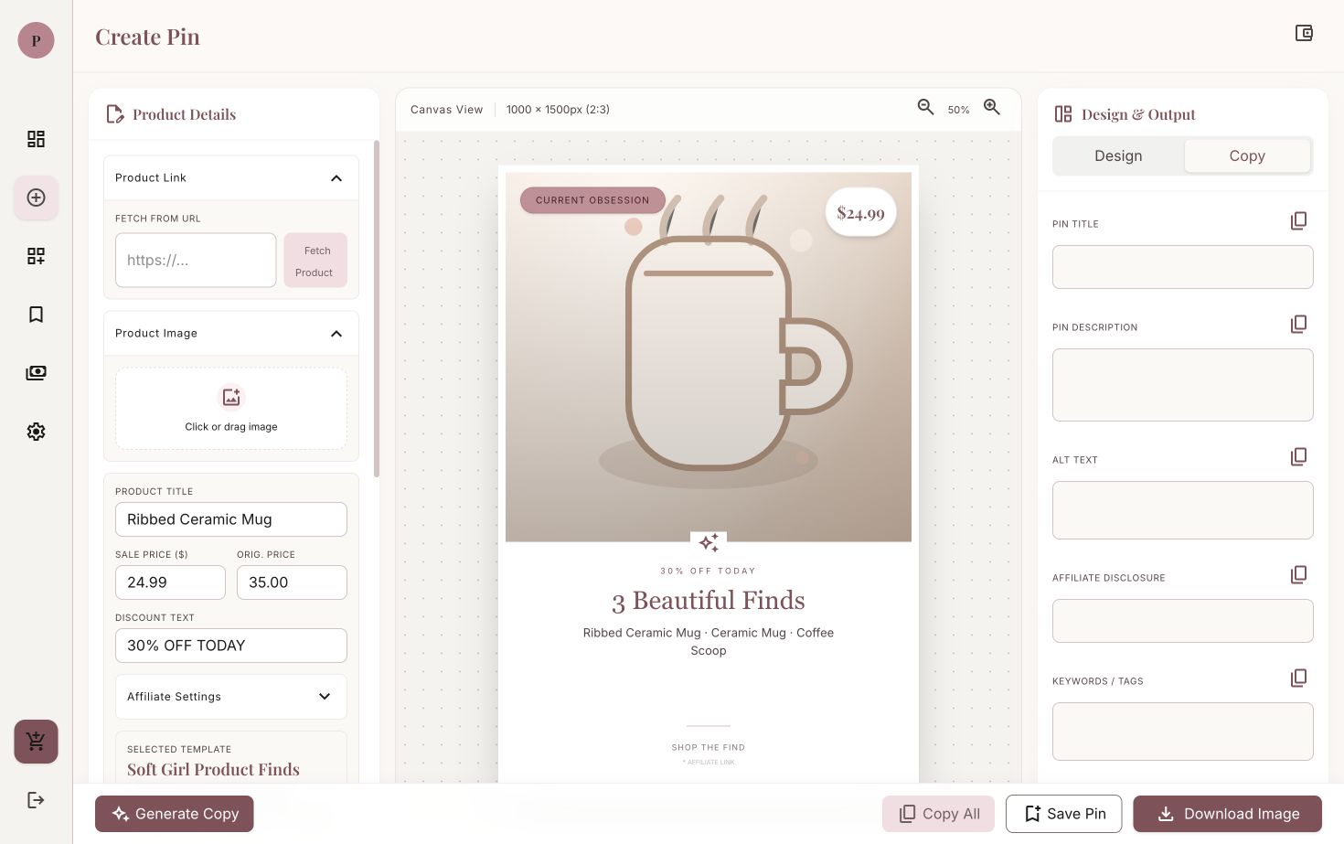 PinGlaze editor showing editable Pin title, description, alt text, and affiliate disclosure fields
