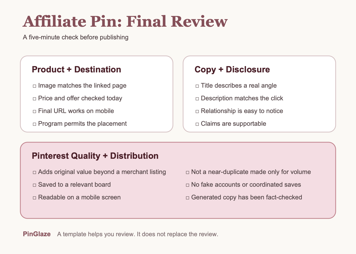 Pinterest affiliate Pin checklist for product, link, disclosure, and distribution review