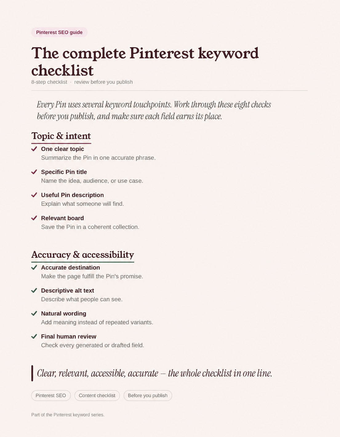 Pinterest keyword checklist covering topic, title, description, board, destination, alt text, wording, and final review